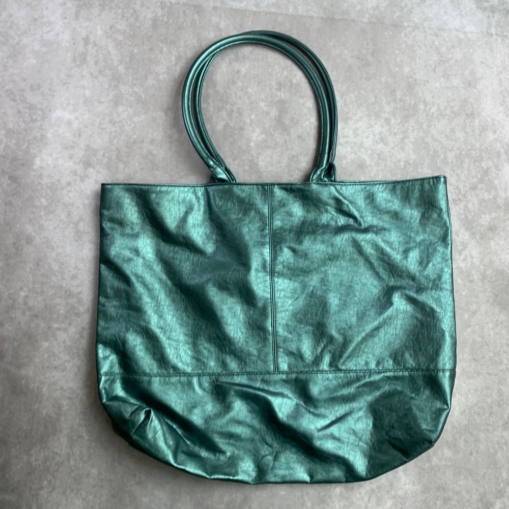 Saks Fifth Avenue Metallic Green Faux Leather Oversized Tote Bag Minimalist